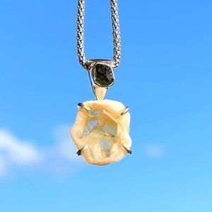 925 Sterling Silver Very Rare Natural Raw Moldavite and Citrine Pendant Necklace